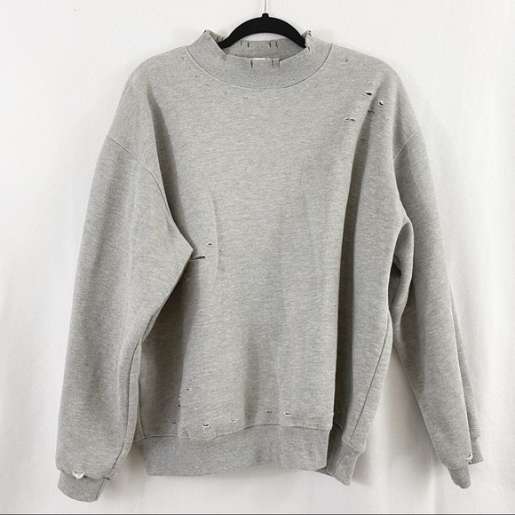 Honey Punch Distressed Grey High Neck Sweatshirt Oversized - Picture 1 of 9